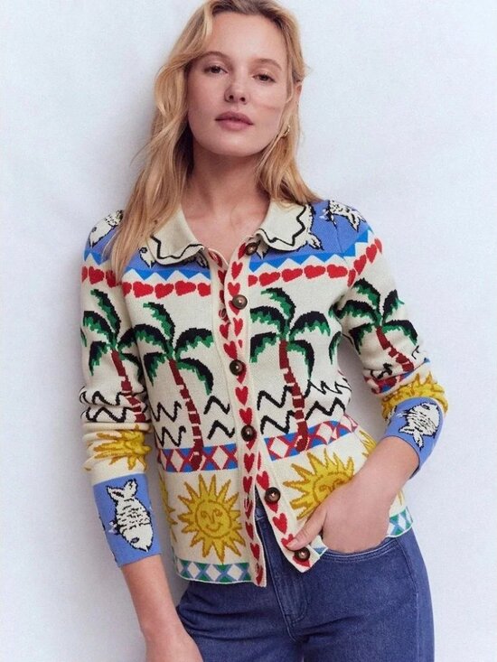 Boden Sweaters - Boden Whimsical Tropical Sun Palm Tree Button Front Knit Cardigan Shacket S NWT